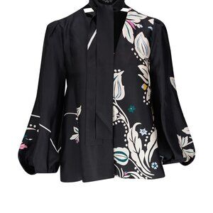 DOROTHEE SCHUMACHER - Silk Tie Neck Blouse Flower Whirl Print Black US Size 8